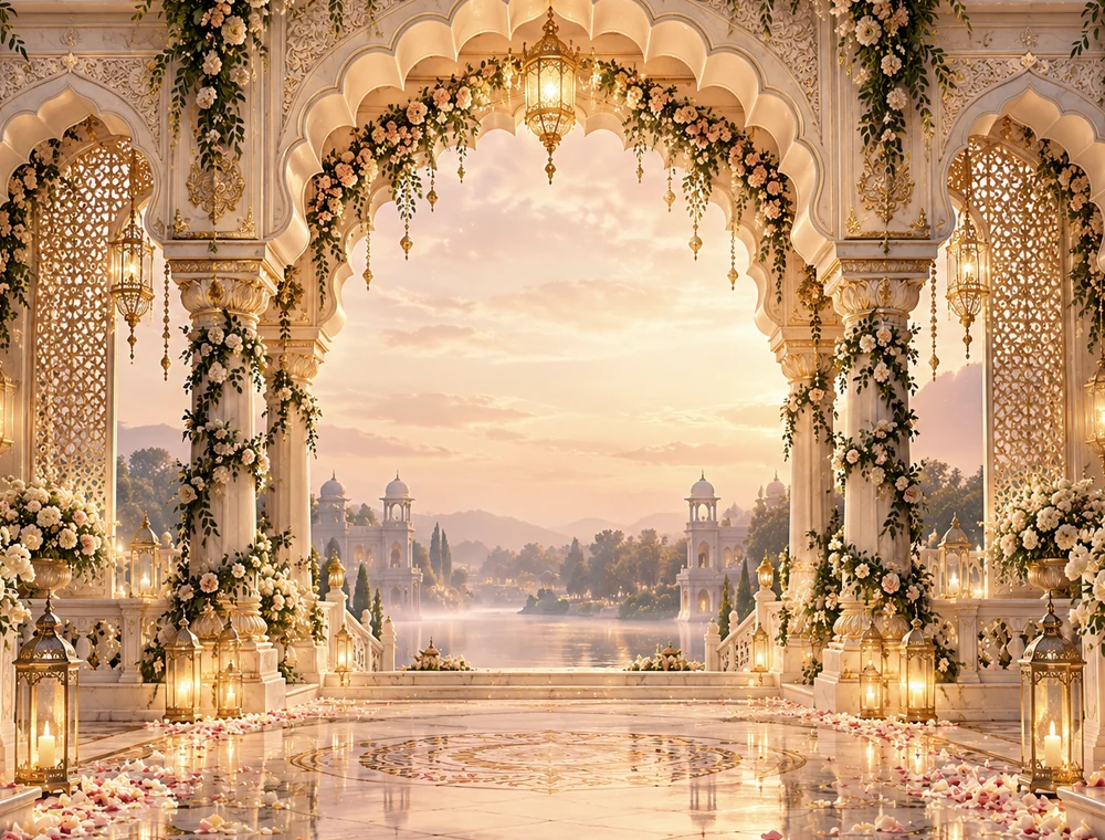 Illustrative royal architecture with warm lights and floral details